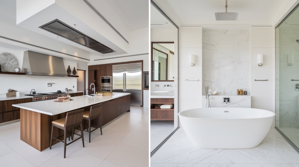 A remodeled kitchen with a large island and a spa-like bathroom with a freestanding tub, showcasing modern design and functionality.