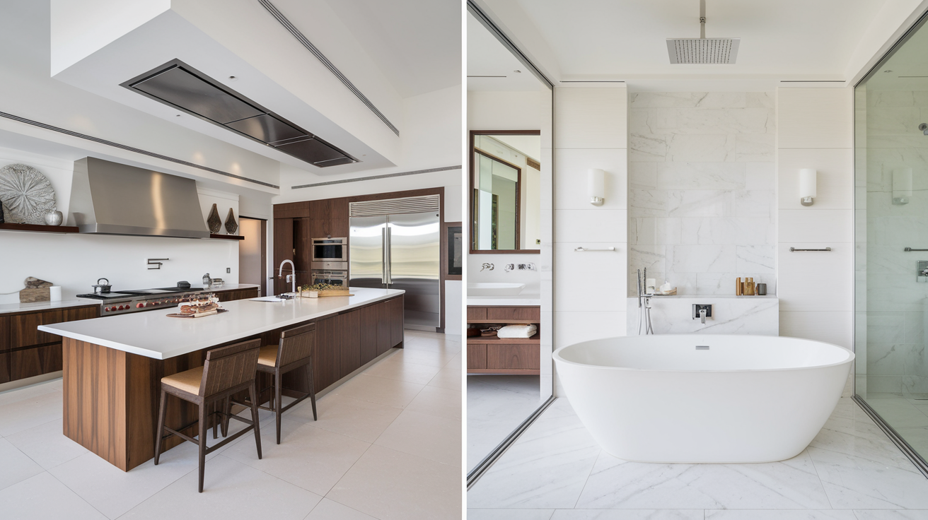 A remodeled kitchen with a large island and a spa-like bathroom with a freestanding tub, showcasing modern design and functionality.