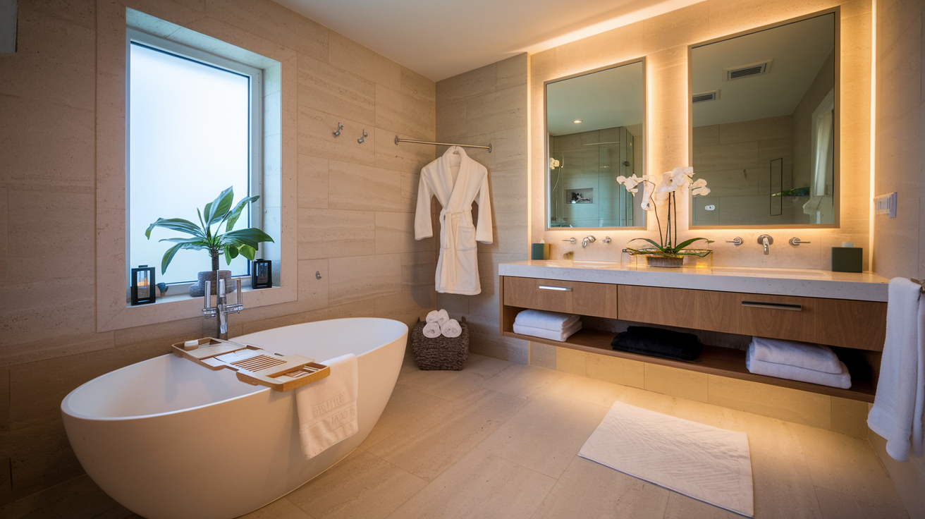 A modern, spa-like bathroom renovation with a freestanding tub, floating vanity, and ambient lighting for a tranquil retreat.