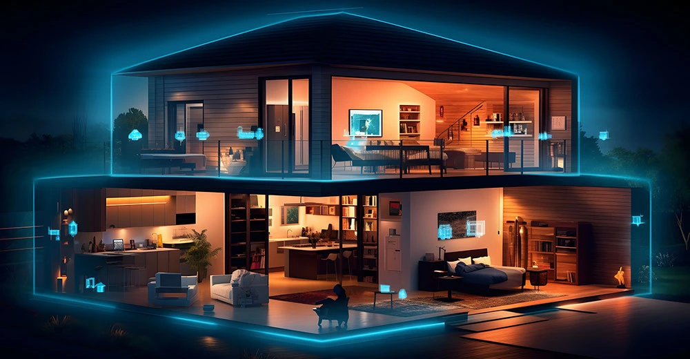Modern smart home with automated lighting, voice-controlled thermostat, and wireless sound system.