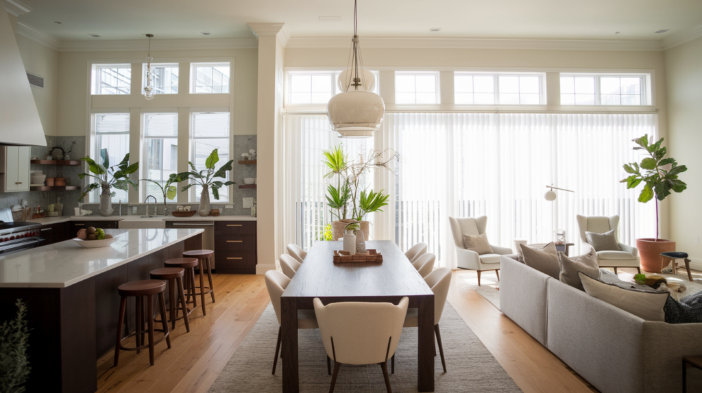 A modern kitchen with a central island and a luxurious bathroom featuring a frameless shower and floating vanity, showcasing elegant home remodeling.