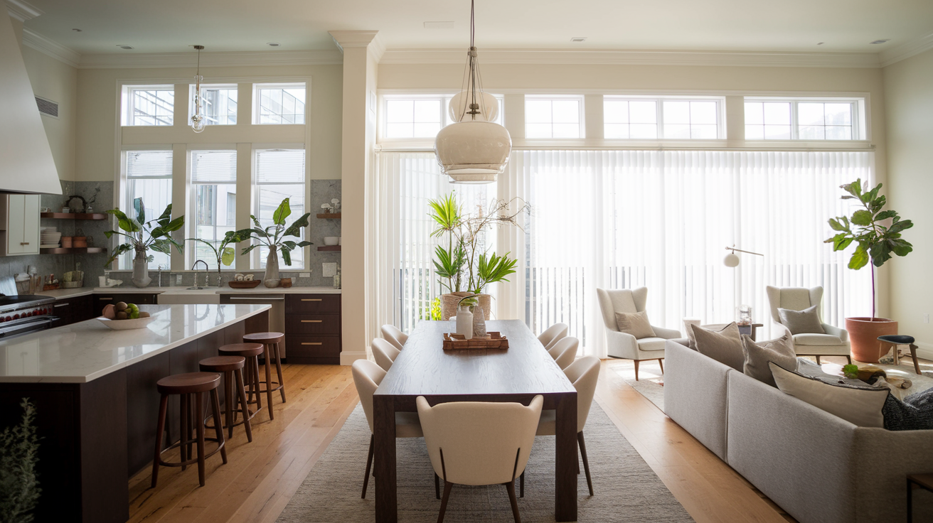 A modern kitchen with a central island and a luxurious bathroom featuring a frameless shower and floating vanity, showcasing elegant home remodeling.