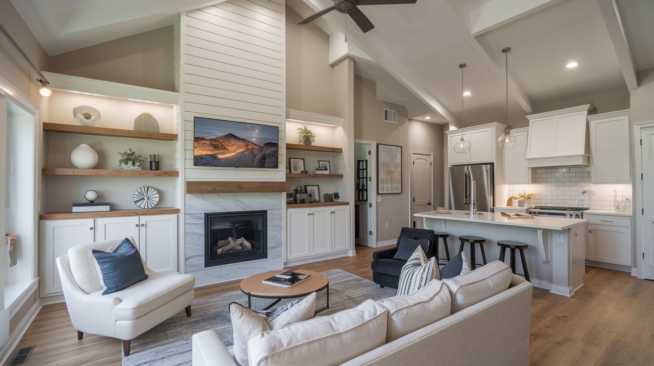 A remodeled small living room featuring vaulted ceilings, custom shelves, and a cozy kitchen island, demonstrating effective space utilization.