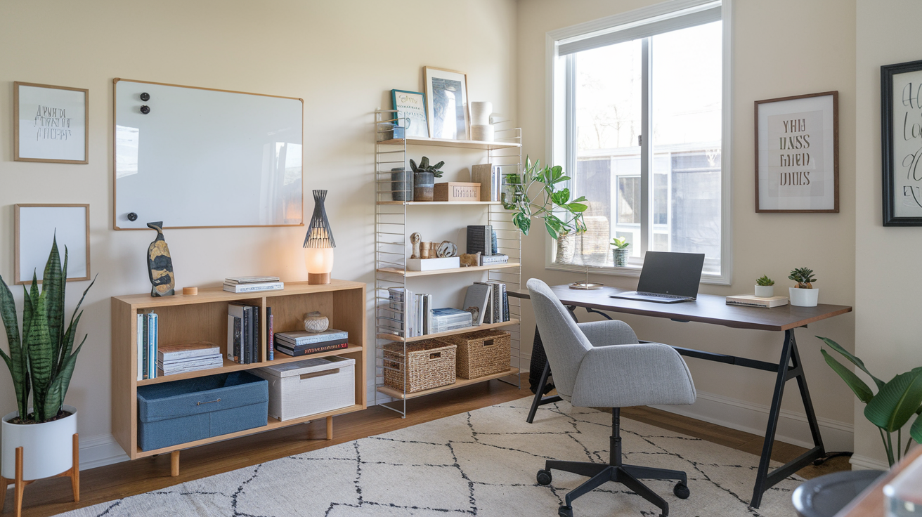 A stylish home office with an ergonomic chair, standing desk, and natural lighting, emphasizing productivity and comfort.