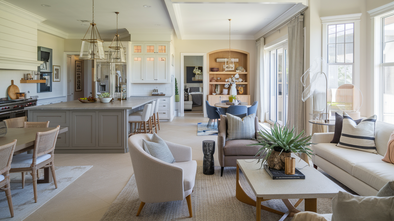 A modern open-concept living space showcasing a connected kitchen, dining, and living area with large windows and stylish decor.
