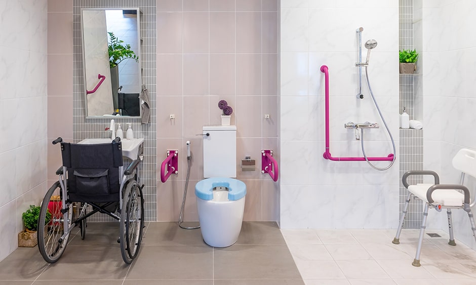 Accessible bathroom with grab bars and walk-in shower for aging-in-place home remodeling.