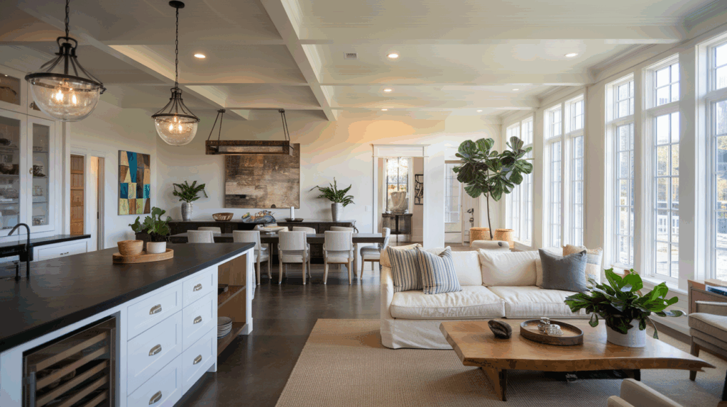 A modern kitchen with a sleek island and a spa-inspired bathroom featuring a freestanding tub and ambient lighting.