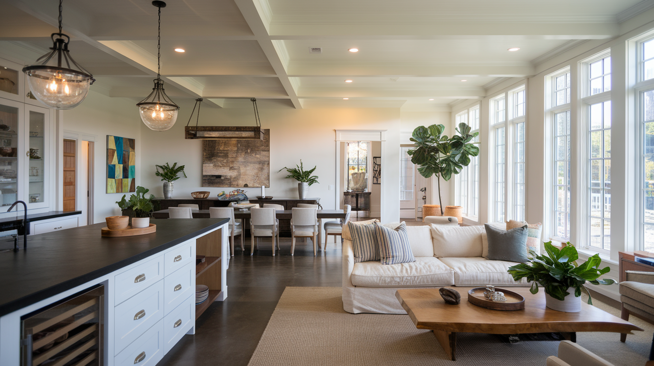 A modern kitchen with a sleek island and a spa-inspired bathroom featuring a freestanding tub and ambient lighting.