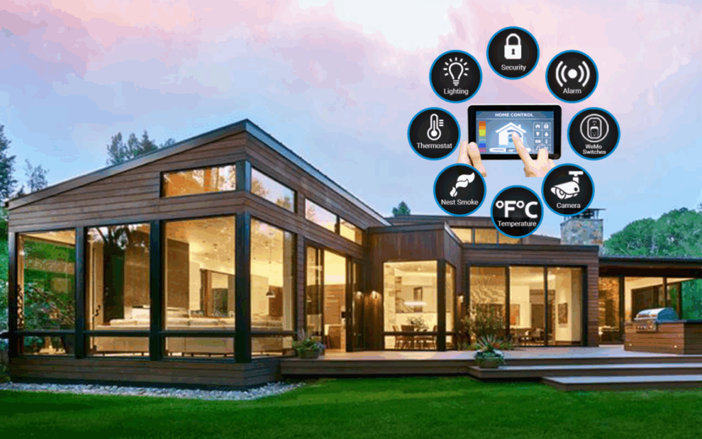 A contemporary living room featuring smart lighting, a voice-controlled assistant, and a smart thermostat for seamless home automation.