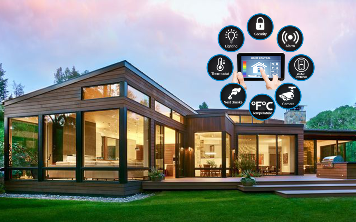 A contemporary living room featuring smart lighting, a voice-controlled assistant, and a smart thermostat for seamless home automation.
