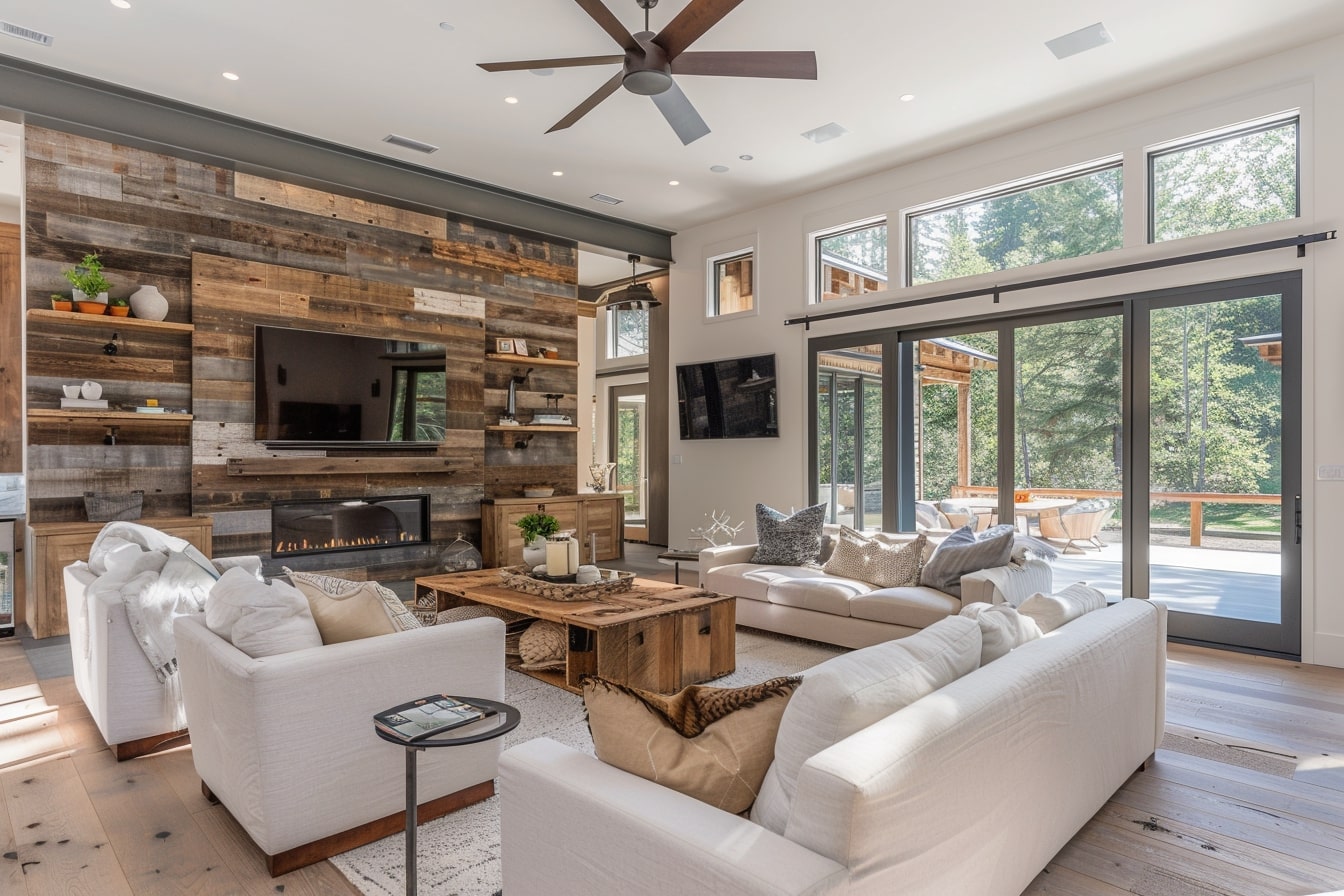 Modern farmhouse living room featuring shiplap walls, barn doors, and rustic wood accents for a warm and stylish aesthetic