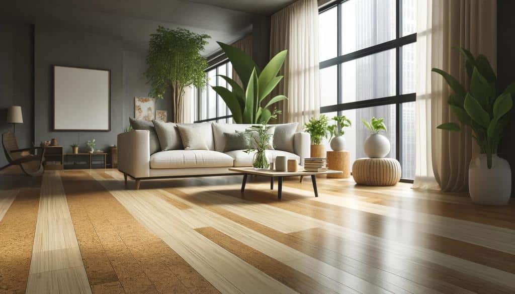 A bright and stylish living room with bamboo and reclaimed wood flooring, showcasing eco-friendly and budget-friendly flooring options.