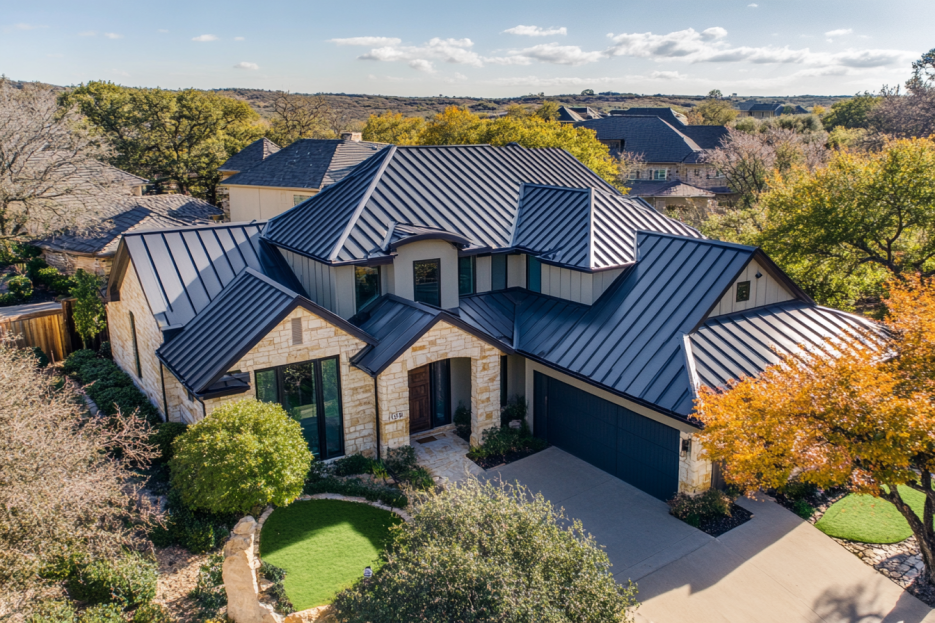 Weather-resistant Austin home with a durable metal roof, impact-resistant windows, and an outdoor patio.