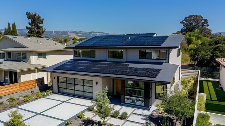 Eco-friendly home with solar panels, smart thermostats, and energy-efficient lighting, showcasing sustainability and energy savings.