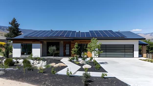 A modern eco-friendly home with a solar-integrated roof and lush green surroundings, showcasing sustainable roofing solutions.