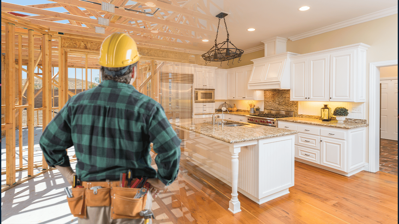 A homeowner consulting with a professional contractor over home renovation blueprints, discussing project details and budget considerations.