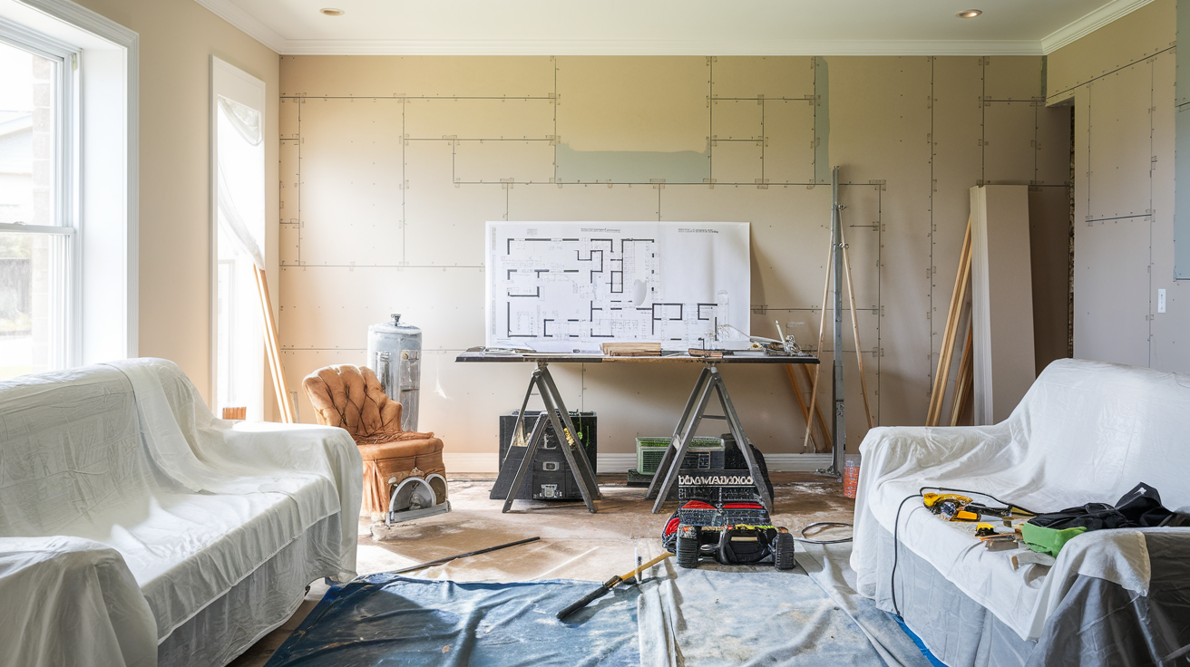 A clean and organized home with renovation plans, covered furniture, and construction tools, ready for a major remodeling project.