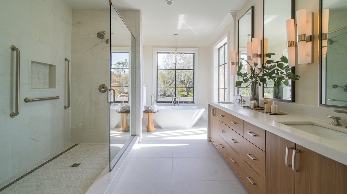 Luxury accessible bathroom remodel in Austin with roll-in shower, safety bars, and stylish wheelchair-friendly vanity