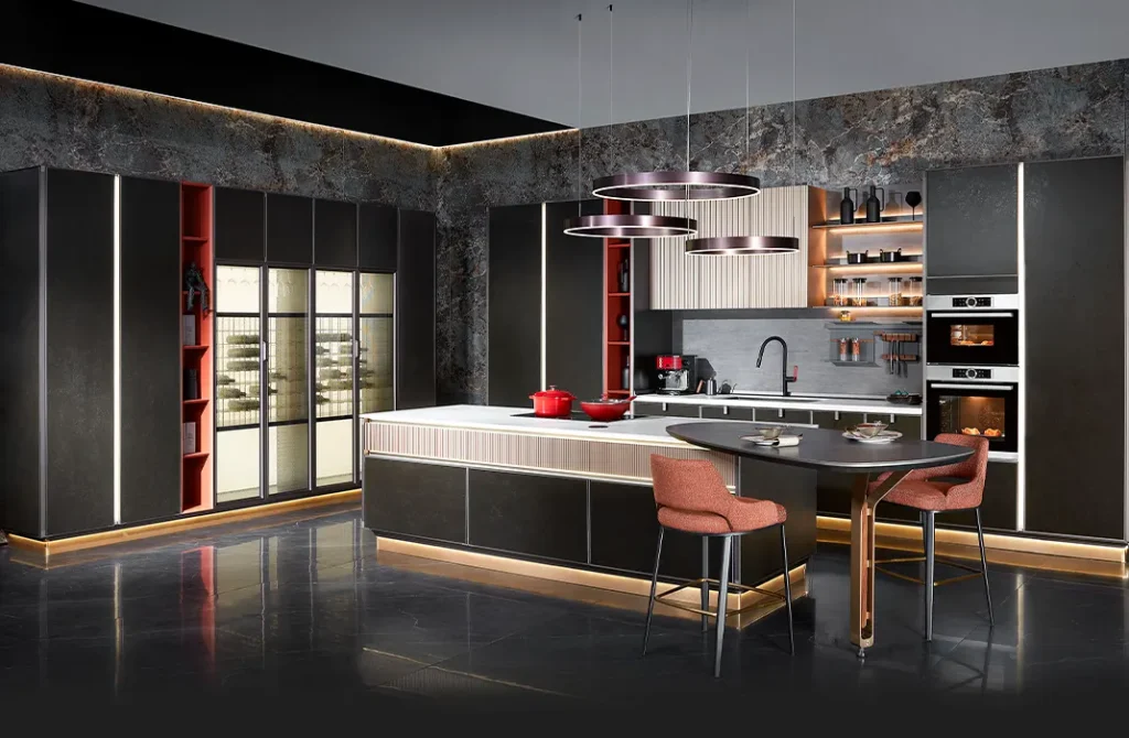 Sleek modern kitchen in Austin with minimalist cabinetry, quartz countertops, stylish lighting, and a large island with seating.