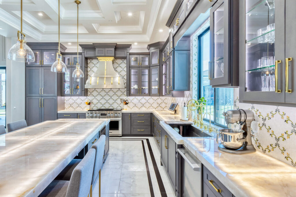 Custom modern kitchen in Austin with durable countertops, smart appliances, and efficient storage solutions.