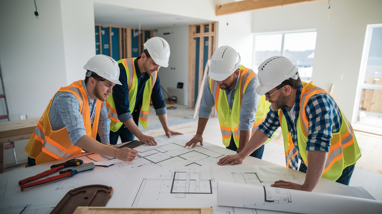 Home remodeling team working on a kitchen renovation in Austin, showcasing design plans and construction in progress.
