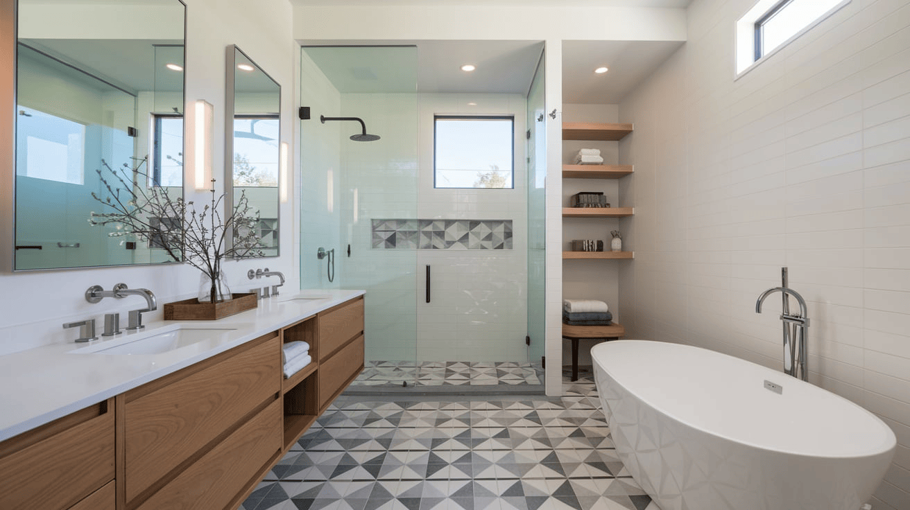 Modern small bathroom remodel in Austin with space-saving vanity, walk-in shower, and chic storage solutions