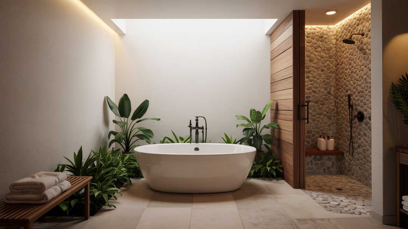 Luxury spa-like bathroom design in Austin with soaking tub, natural wood, and soft lighting for ultimate relaxation.