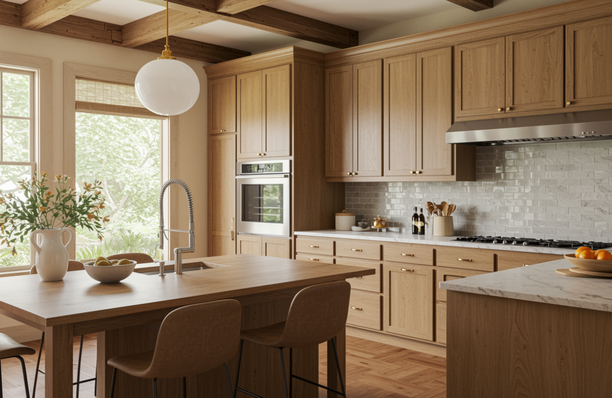 Beautiful custom kitchen design in Central Austin featuring natural wood, stone, and marble elements with an open-concept layout.