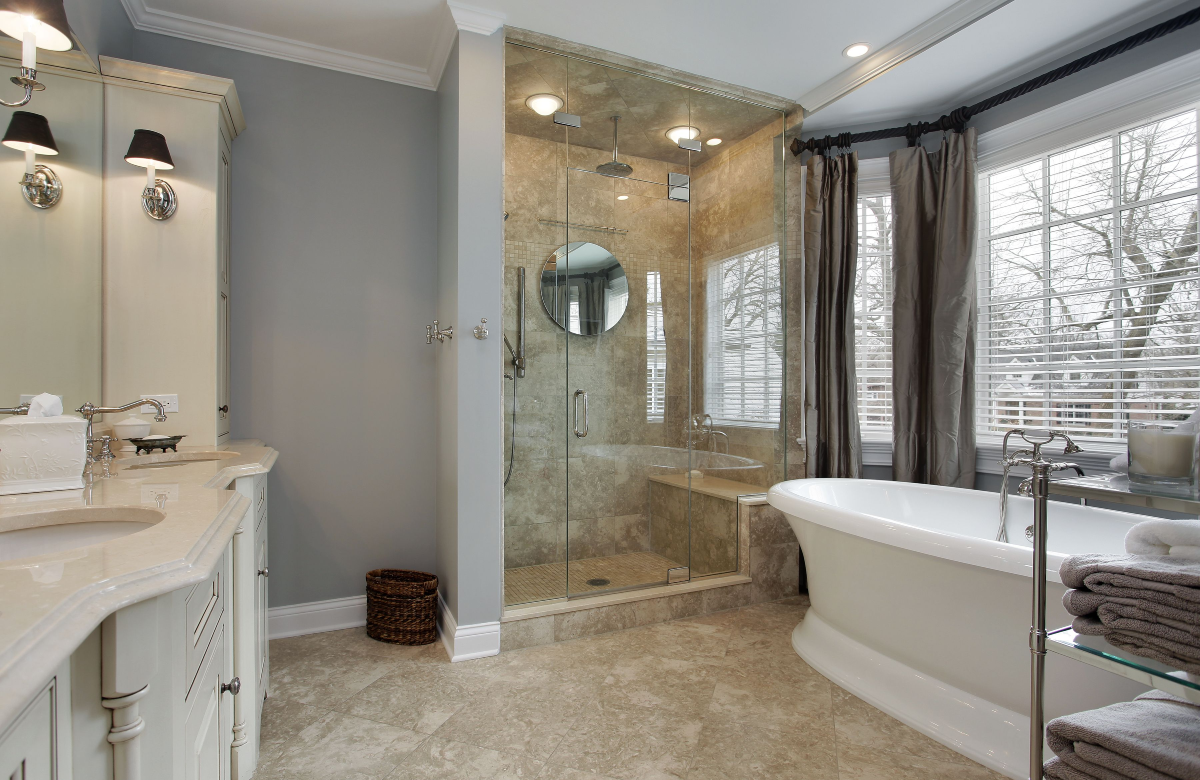 Austin luxury bathroom remodel with freestanding tub and spa shower by Together Design