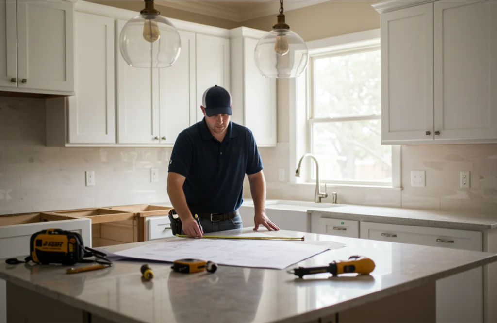 Kitchen renovation expert assessing space for custom kitchen design, featuring modern cabinetry and natural light.