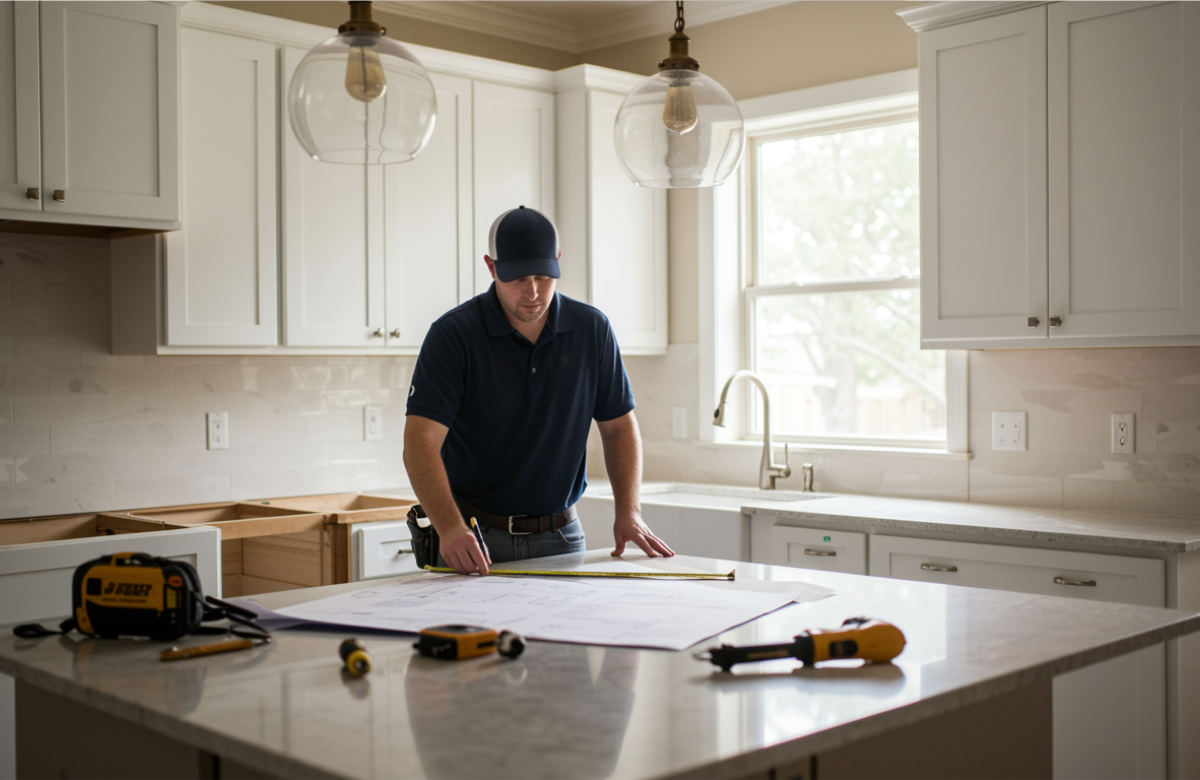 Kitchen renovation expert assessing space for custom kitchen design, featuring modern cabinetry and natural light.