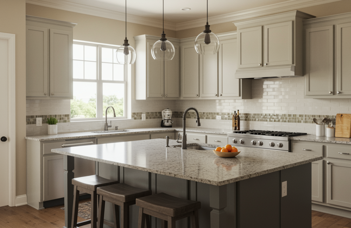 Heat-resistant granite, quartz, and soapstone countertops in a Texas kitchen designed for durability in high temperatures.