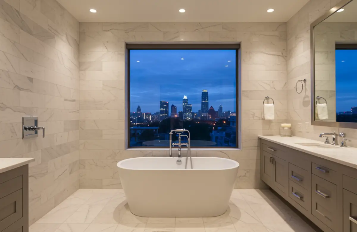 Luxury bathroom remodel in Austin with marble tiles, freestanding tub, and modern vanity – top 2025 design trends