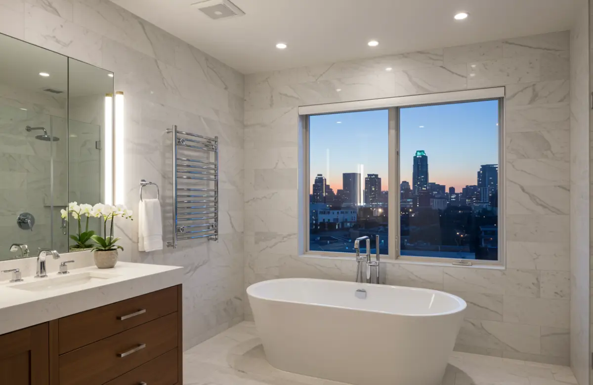 Luxury bathroom remodel in Austin with marble tiles, freestanding tub, and modern fixtures