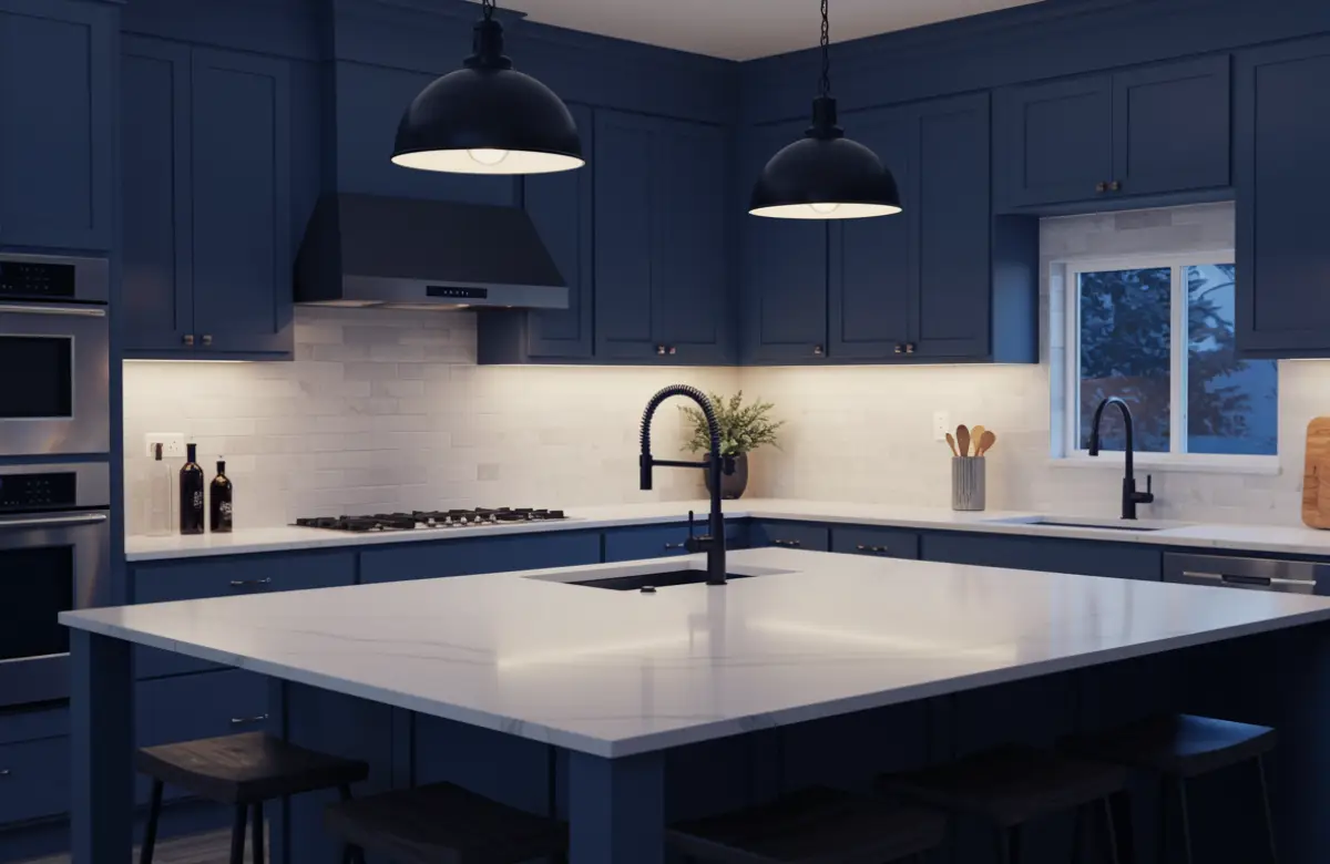 Modern kitchen remodel in Austin with quartz countertops, matte black fixtures, and open-concept design by top contractors.