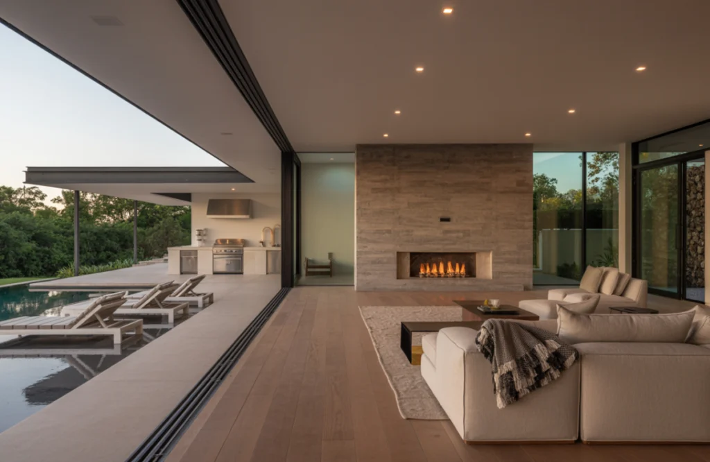 Modern Austin home with seamless indoor/outdoor living, showcasing luxury finishes, smart home technology, and eco-friendly materials.