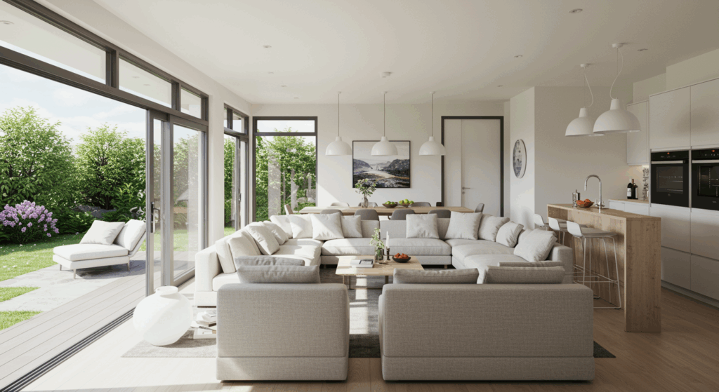 Open-concept living and kitchen area with home bar, natural light, and stylish minimalistic furnishings. Indoor/outdoor flow visible.