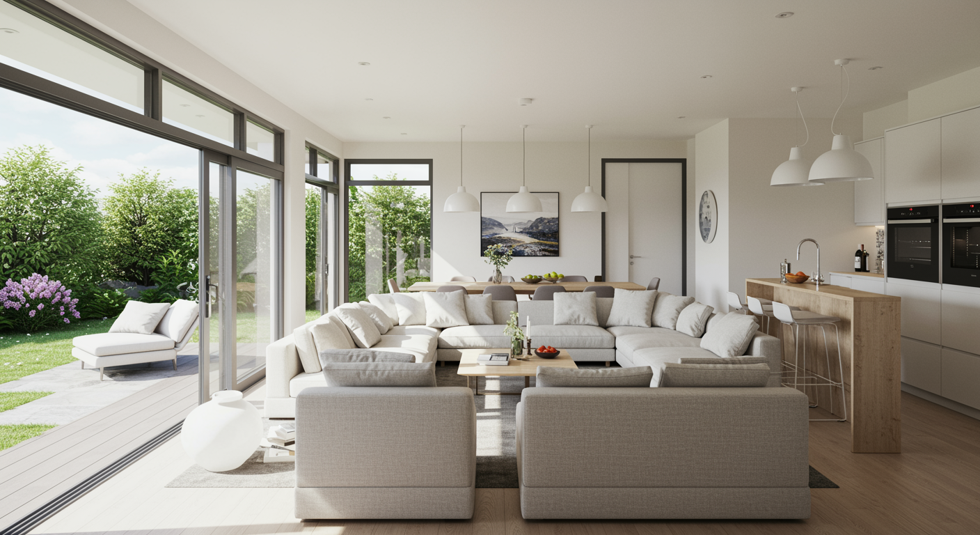 Open-concept living and kitchen area with home bar, natural light, and stylish minimalistic furnishings. Indoor/outdoor flow visible.
