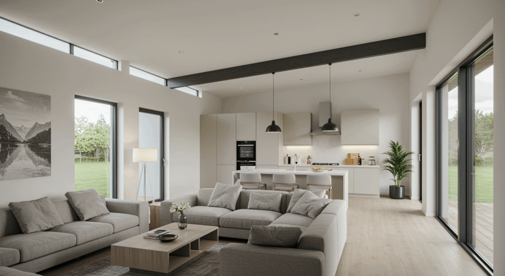Open-concept kitchen and living room remodel with modern furnishings and natural light flowing through large windows