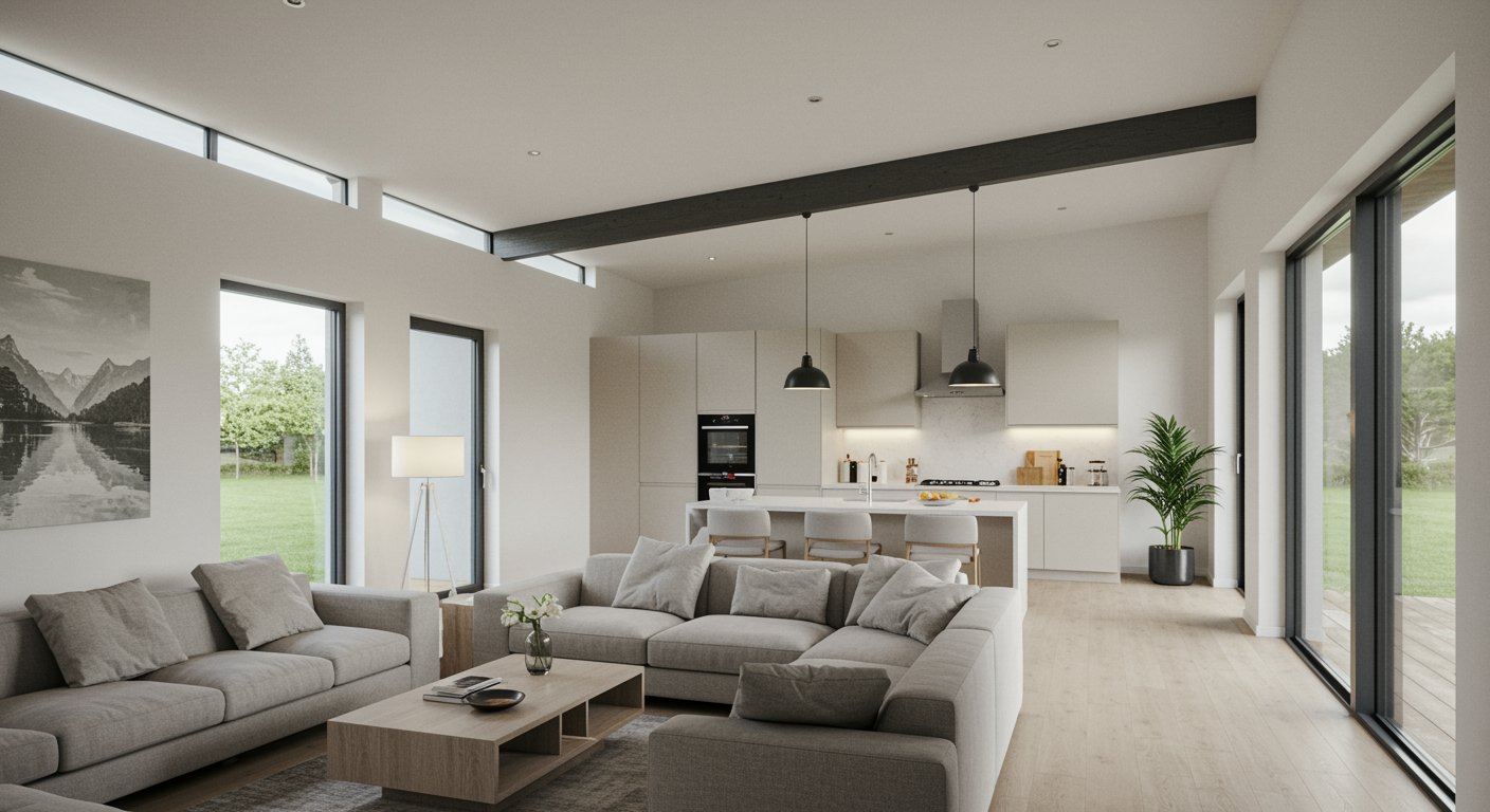 Open-concept kitchen and living room remodel with modern furnishings and natural light flowing through large windows