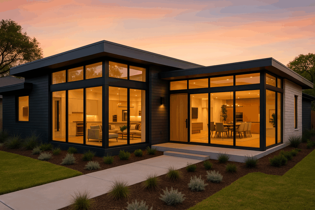 Modern remodeled Austin home with large windows, sleek design, and updated exterior captured at sunset