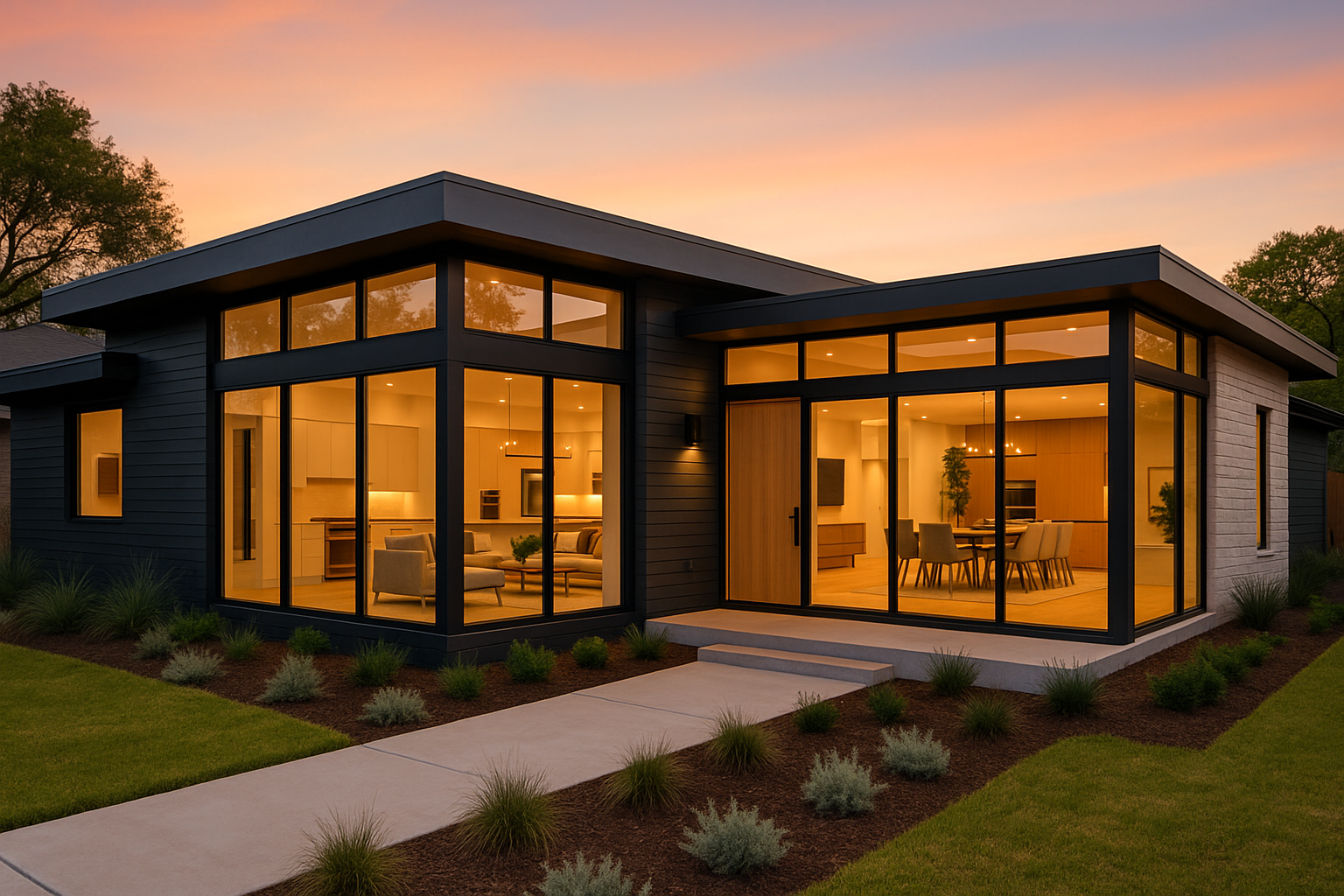 Modern remodeled Austin home with large windows, sleek design, and updated exterior captured at sunset