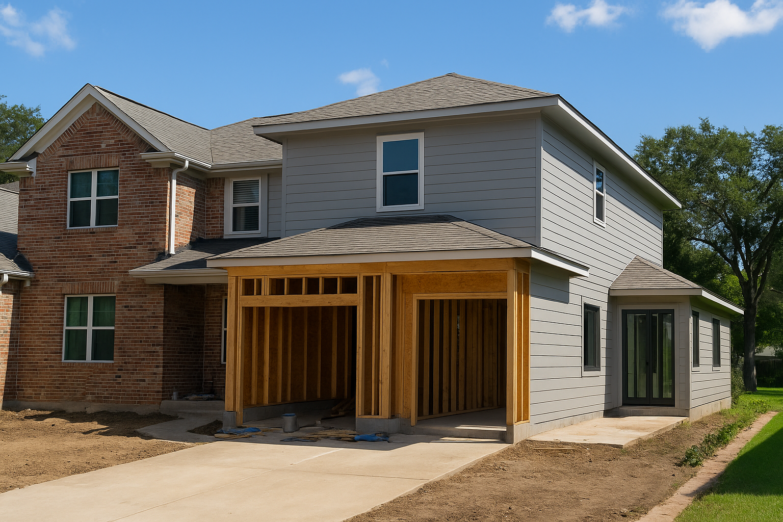 Two-story Austin home under roof-to-foundation renovation with visible structural updates and modern design enhancements