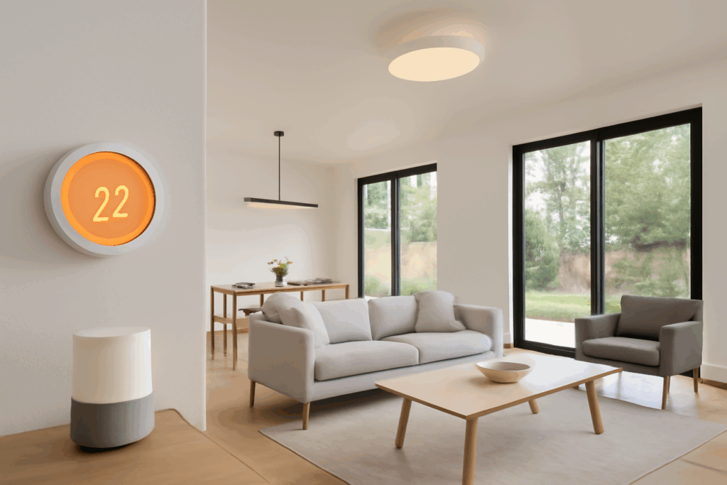 Modern home with smart devices like lighting, thermostat, and speakers visible. Open floor plan with sleek design and minimalistic furnishings.