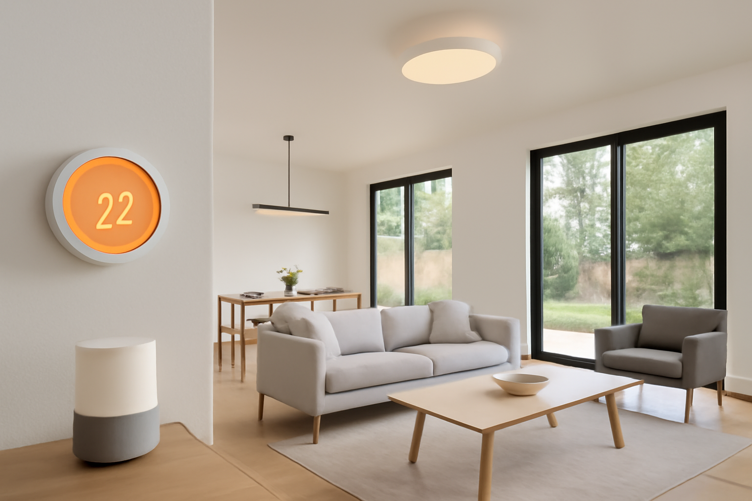 Modern home with smart devices like lighting, thermostat, and speakers visible. Open floor plan with sleek design and minimalistic furnishings.